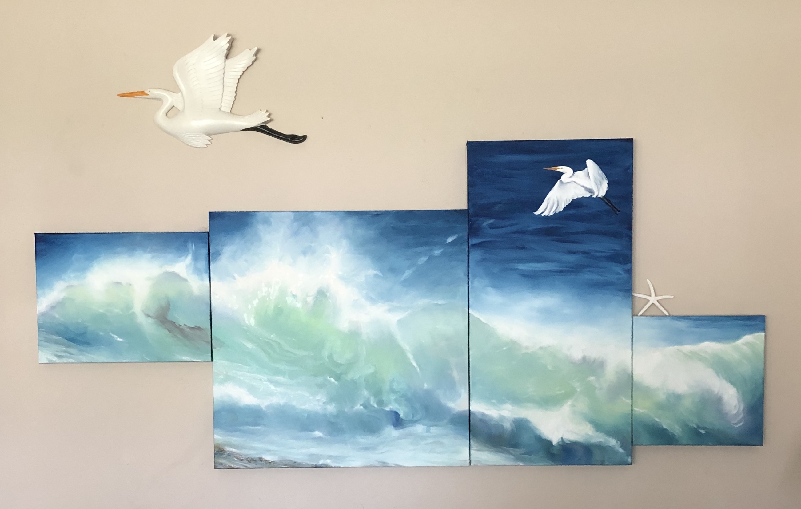1000 Voices 8 - 30 in x 67 in, Oil on 4 canvases with composite of Great Egret by Lazanna Paskalidis